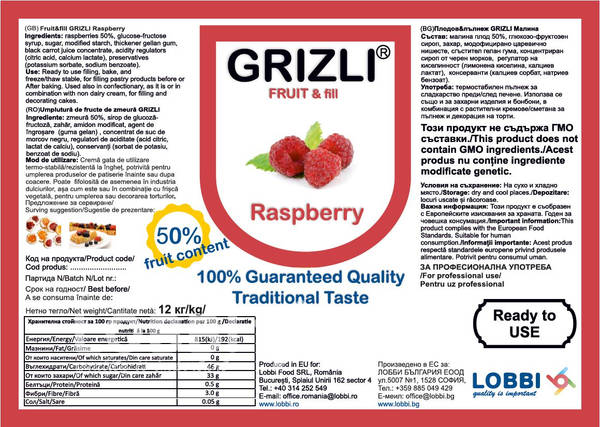 GRIZLI FRUIT&fill 50% Raspberry Плодов пълнеж Малина